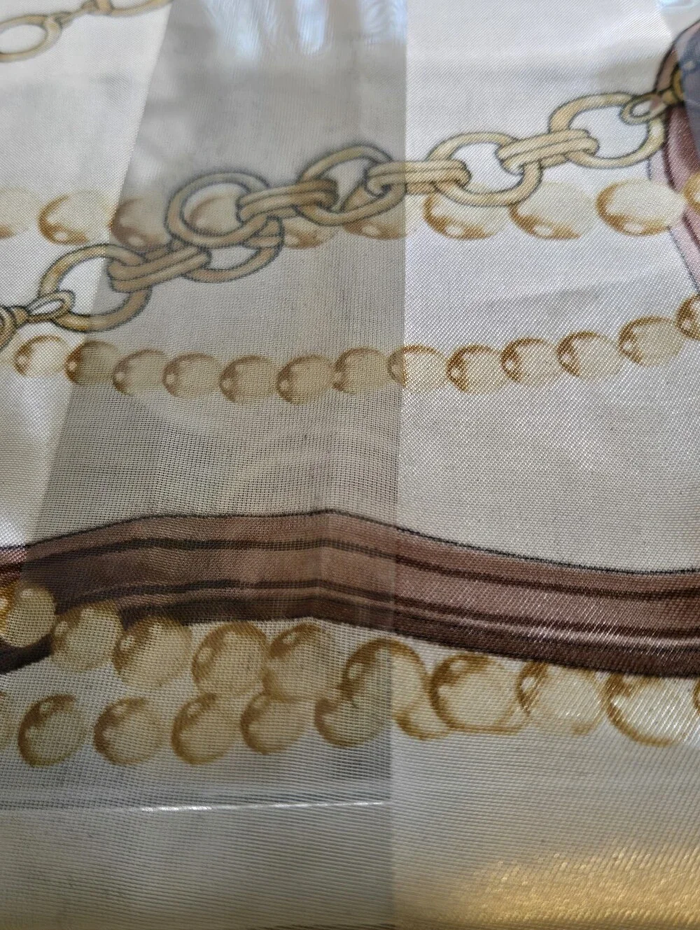 Vintage Equestrian Chain Print Long Scarf Belt Pearl Motif Sheer Shadow Stripe